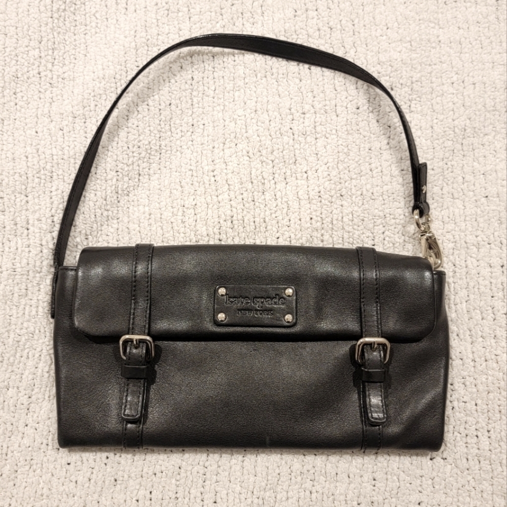 Vintage Y2K Kate Spade Mini Shoulder Bag Black Leather Silver Gold Pink Lining